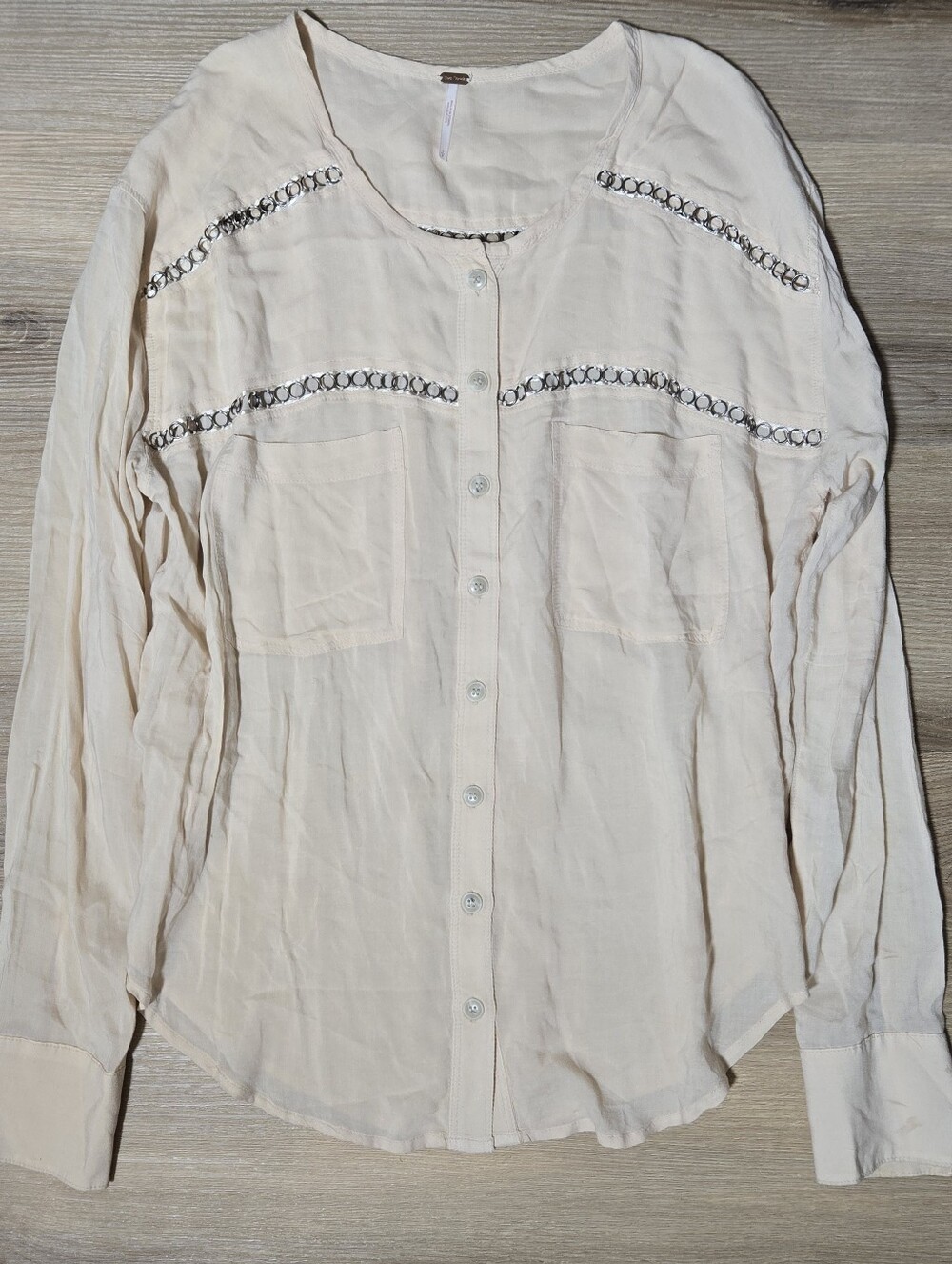 Women’s Cream Button-Front Long Sleeve Shirt with Embroidered Trim